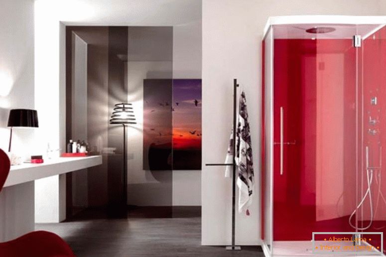 комфортен-яйце-седалков по-страхотно червено-баня-дизайн-подвиг-стъклени душ врати плюс плаваща суета