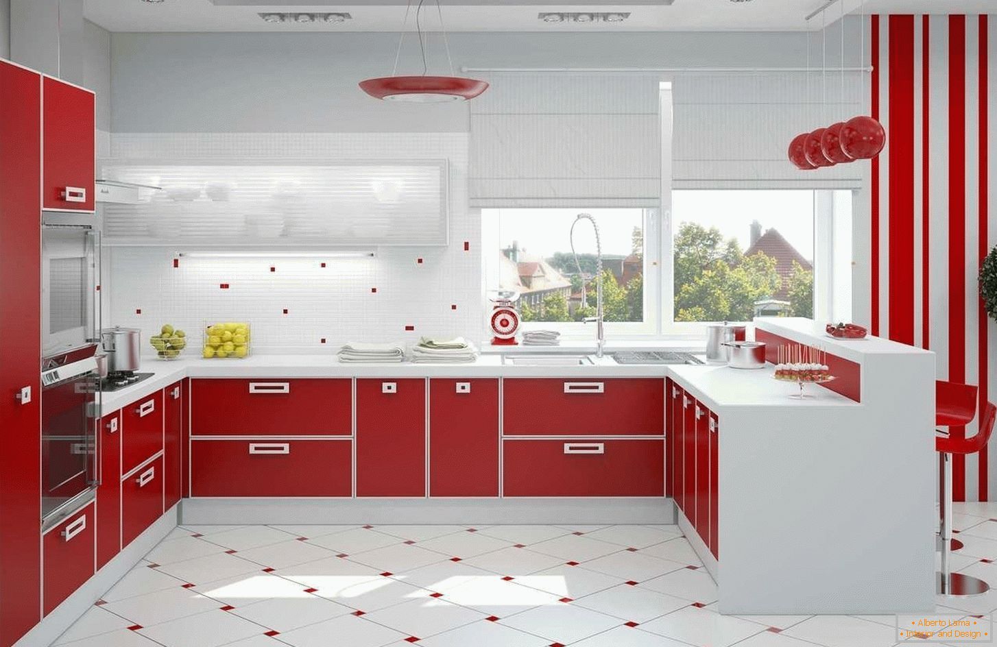 Червено и бяло интериор в кухнята