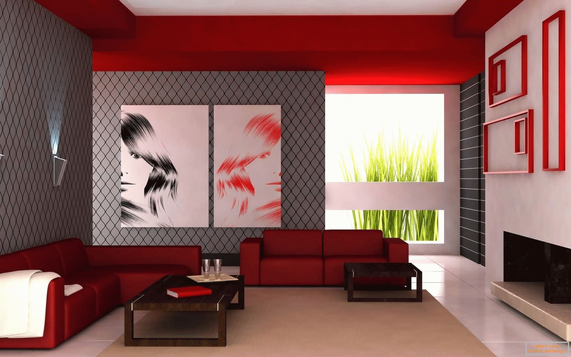 Комбинацията от бели, червени и сиви цветове в хола