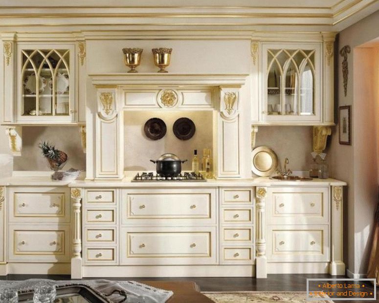 класически бял-златен-дървен гардероб-за-кухненски дизайн завеси-стъкло-прозорец ъгъл осветление-над печката-както-добре-кафяво-цветя-килим на тъмно-дървен под-jpg