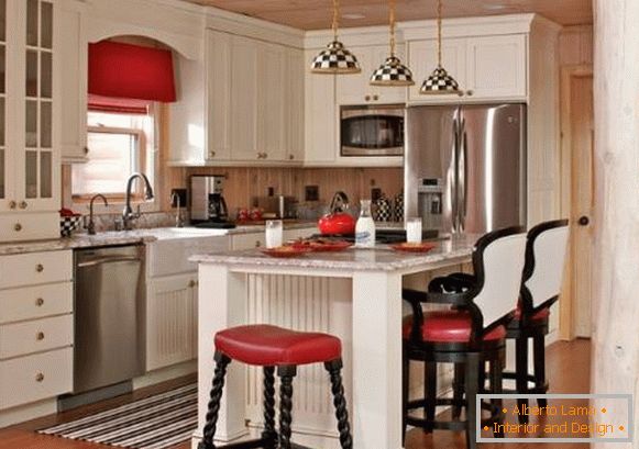 Светлият кухненски интериор в провинциален стил - снимки в черно-бял и червен цвят