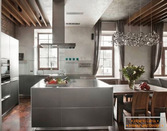 Кухненски интериор в таванско помещение - снимки в сив и кафяв цвят