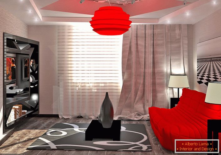 Полилей в стила на високотехнологичните ярки цветови ехо с цвят на червено и подходящо подбрани мебели.