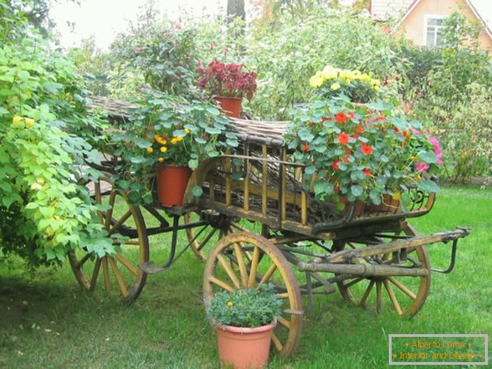 Оригиналните цветни лехи в стила на страната могат да бъдат направени от стара количка или ненужен велосипед.