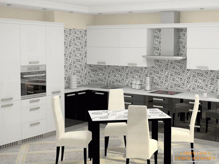 А бяло-черна кухня, разположена в хай-тек с вградени уреди, изглежда по същество в цялостната концепция за идеята за дизайн. 