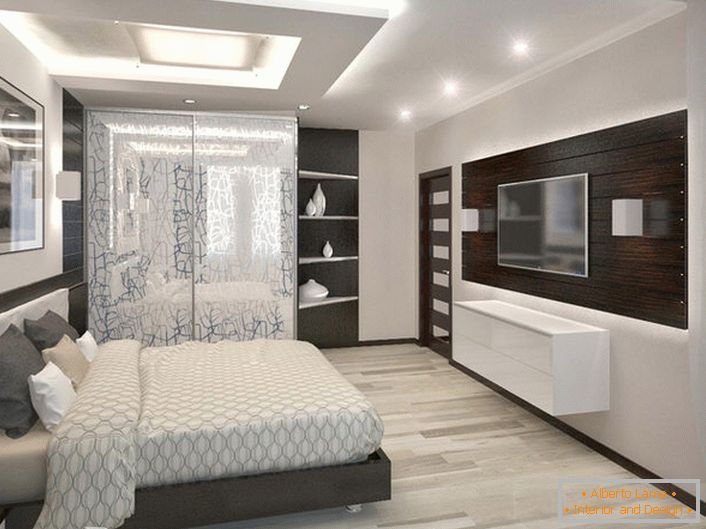 Светла, просторна спалня в стила на високите технологии. Правилно съвпадащата мебел се комбинира органично с елементите на декорацията.