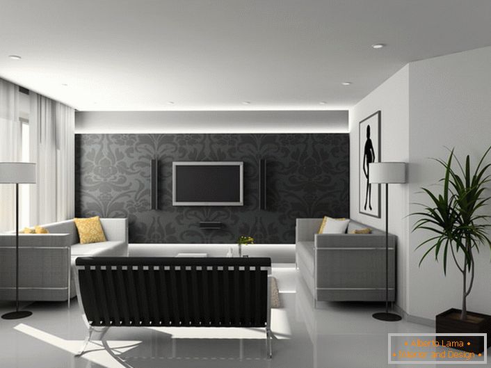 В дизайна на стаите за гости в хай-тек стил се използват предимно строги геометрични форми и нюанси на сивото.