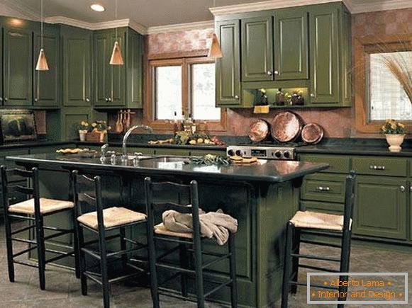 Какъв цвят е модерен през 2017 г. - снимка тъмно зелена кухня