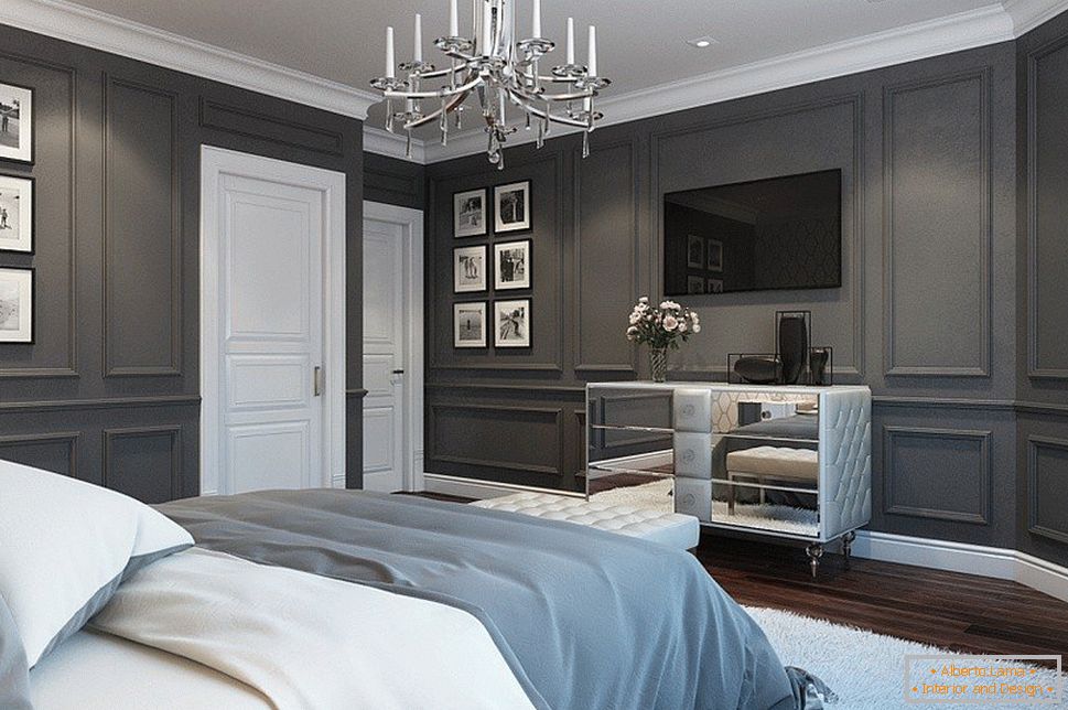 Боядисани корнизи в спалня със сиви стени