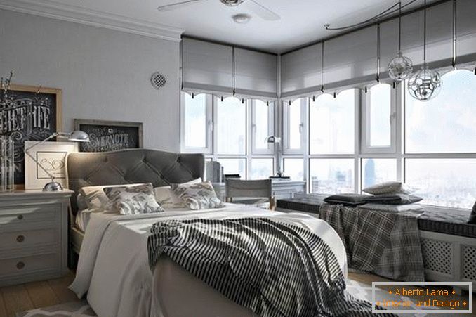 интериорен дизайн на спалнята с ъглова витрина