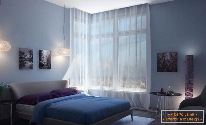 интериорен дизайн на спалнята с ъглова витрина