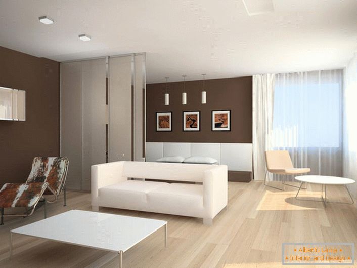 Минимум мебели и декоративни елементи визуално увеличава хола. 