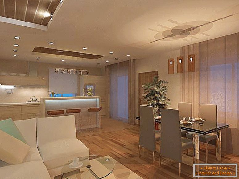 Минималистичната всекидневна се съчетава с кухнята. За минималистичен стил, използването на полилеи за тавани не е типично, най-добрият вариант е точковото LED осветление.
