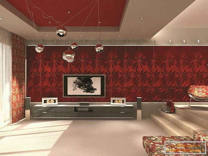 Просторна стая за гости в авангарден стил. Внимание се привлича от подходящо избрано осветление. 