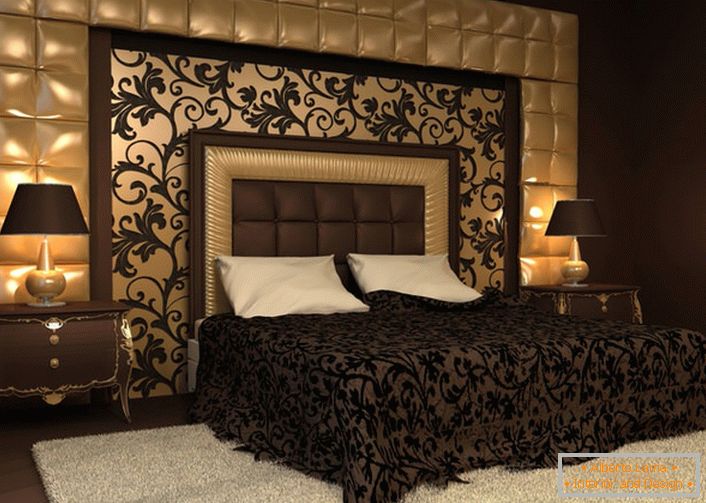 Най-важното от дизайнерското решение е облегалката в главата на леглото и стената, покрита с мека кърпа. Орнаменти върху ехото с покривало с орнаменти на панела за стена. 