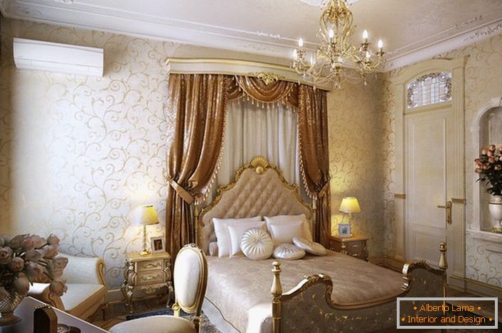 Само подходящо подбраните мебели, както и в тази спалня, могат да се превърнат в ярък пример за бароков стил.