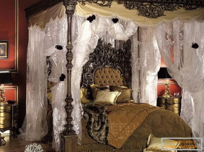Правилен дизайн на бароковата спалня в тъмни цветове.