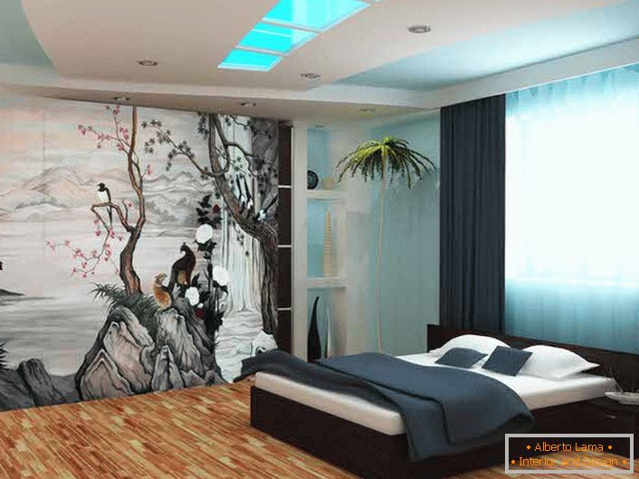 За да украсят стените на спалнята в стила на японския минимализъм, се използва тапетът с фотопечат. Тематичната рисунка прави оригинала и пълната композиция.