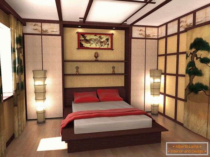 Проектът на спалнята в стила на японския минимализъм е дело на завършил московския университет. Компетентната комбинация от всички детайли на композицията прави спалнята стилна и ориенталска в изисканост.