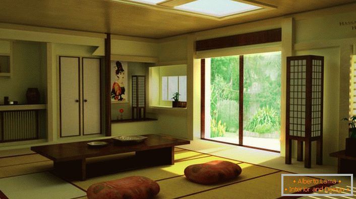За присъствието на японски минимализъм в хола в селска къща разказва за правилните мебели. Ниската маса е идеална за домашно пиене на чай. 