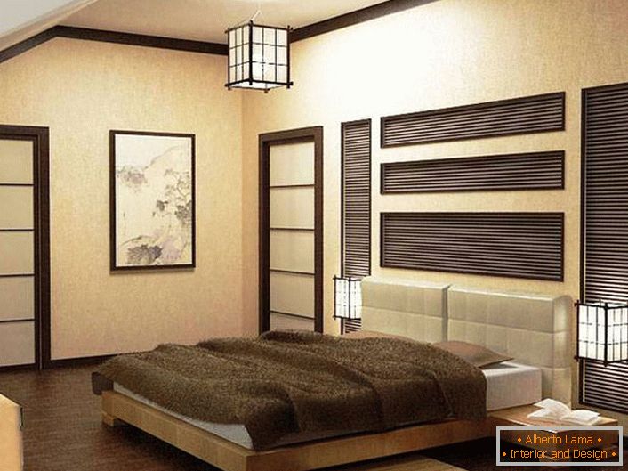 Спалнята в стила на японския минимализъм е декорирана в бежови и кафяви тонове. Вниманието е привлечено от осветителните устройства. Таванът полилей е направен в един дизайн с нощни лампи. 