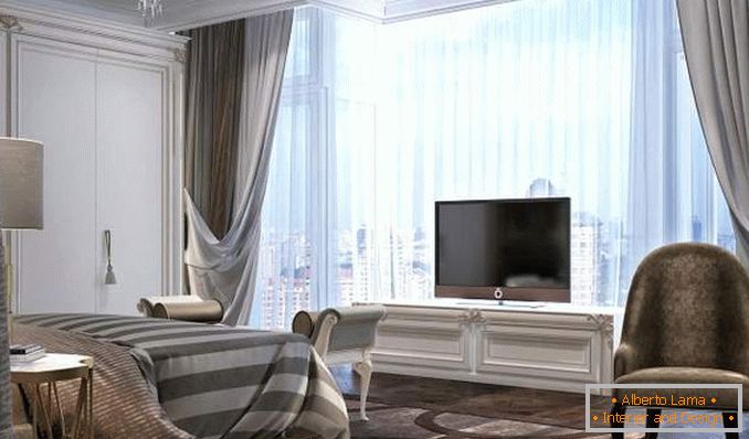 Дизайн на спалня в апартамент с панорамни прозорци - интериорна снимка