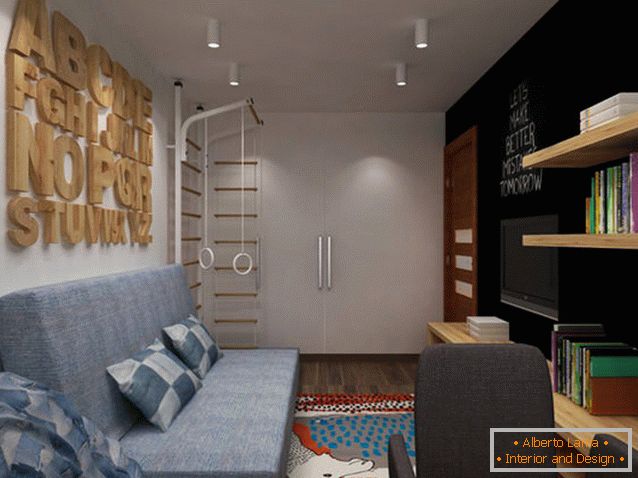 Шведската стена в хола на двустаен апартамент в Русия