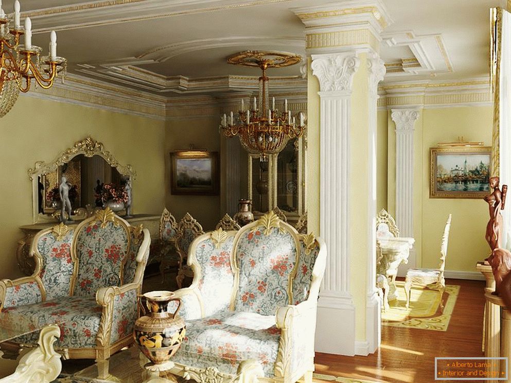 Изящен, луксозен бароков стил за стая за гости. Правилният пример за осветление за бароков стил.