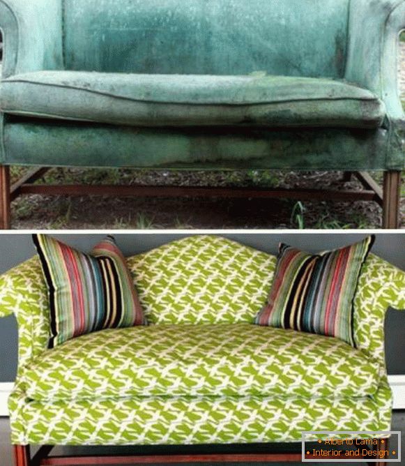 Разтягане на мека мебел - снимка на дивана преди и след подмяната на тапицерията