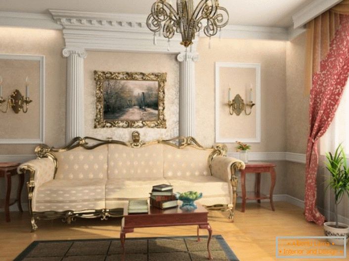 В съответствие с изискванията на френския стил, стаята за гости е украсена с мазилка.