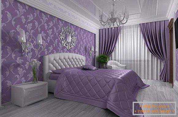 Виолетова тапети в спалнята в стила на лукса