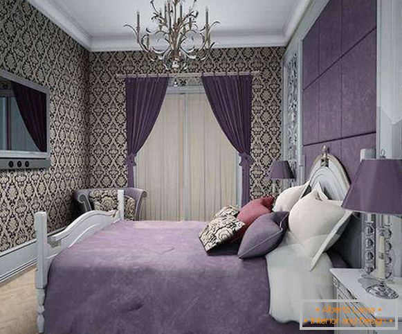 Спалня в лилави тонове - снимки с шарени тапети