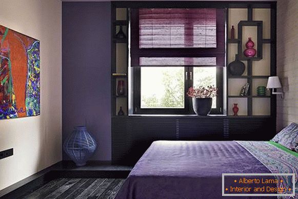 Спалня в лилаво - снимка с тъмно дърво