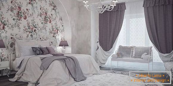 Модерни люляк завеси в спалнята - снимка в интериора