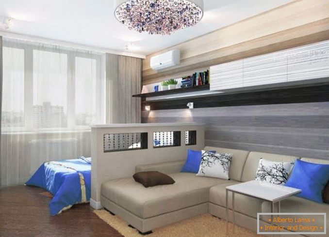 Дизайн на двустаен апартамент с детска стая - снимка на комбинирана спалня в хола
