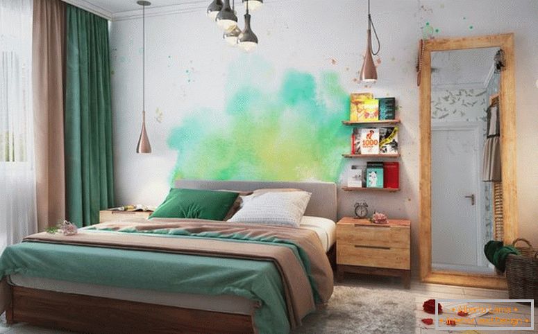 спалня-зелени-акварелни стена-Art-лавици-голям огледало
