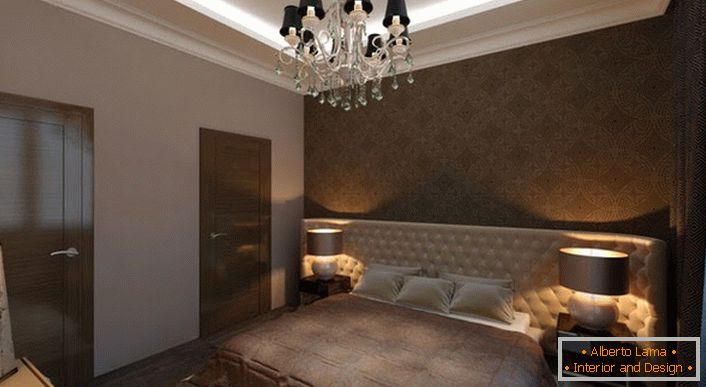 Спалня в стил Арт Деко с правилното осветление. Заглушената светлина създава атмосфера на неприкосновеност и романтика в стаята.