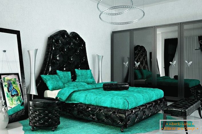 Ярки, завладяващи цветове за стила на арт деко. Емералд цвят съвпада хармонично с черно. Идеална спалня за творчески човек.