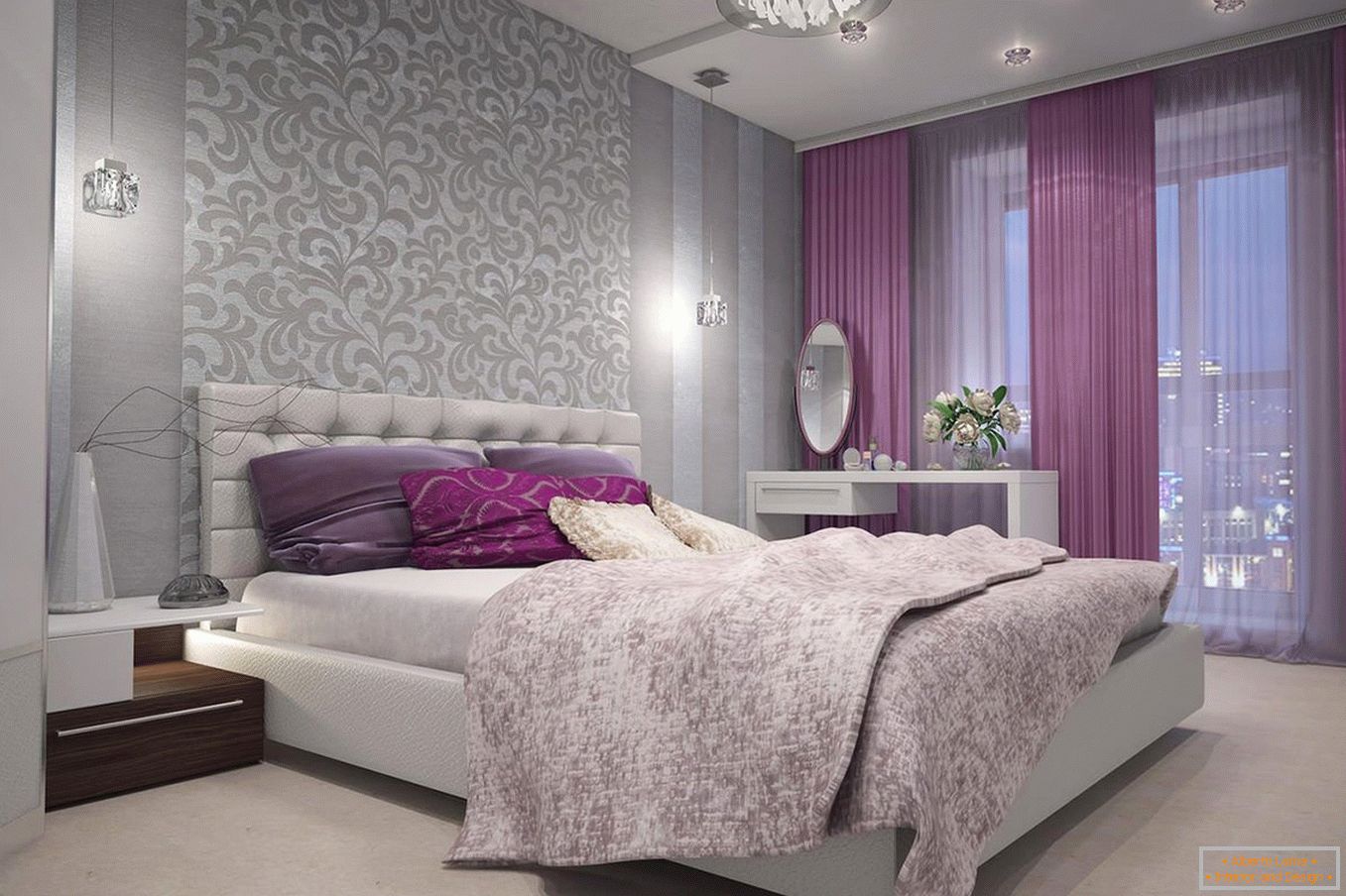 Виолетови завеси в спалнята