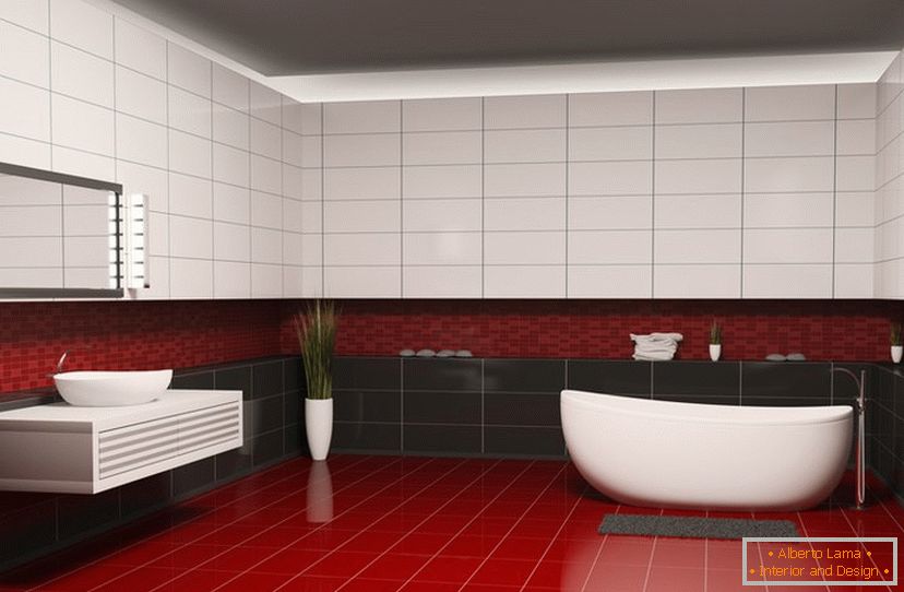 Червени, черни и бели плочки в дизайна на банята