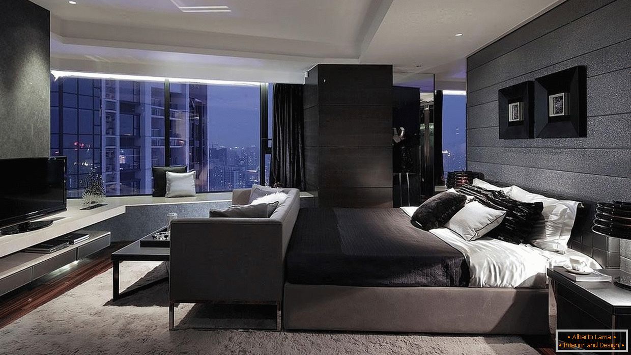 Високотехнологичен стил в спалня с панорамен прозорец