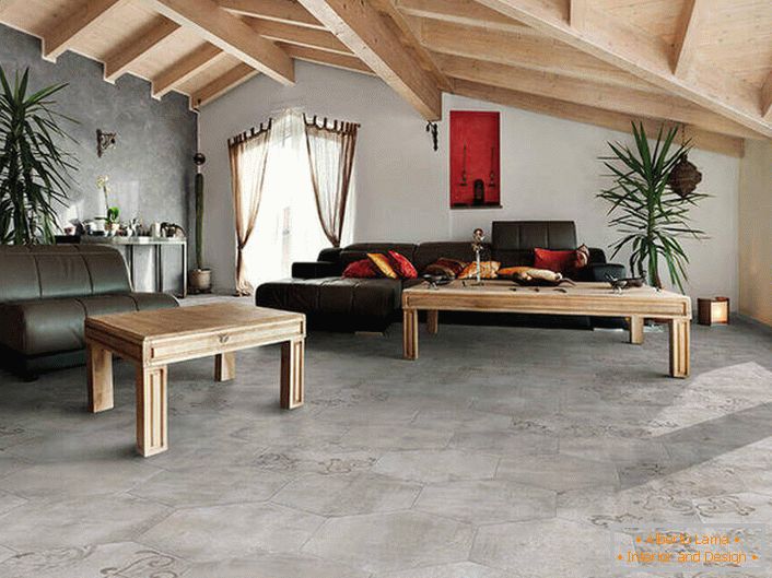 Покритието на подове и стени имитира грубо покритие. Таваните на дървото се обединяват в общ състав с мебели. Късметлия вариант на стила на хола в хола.