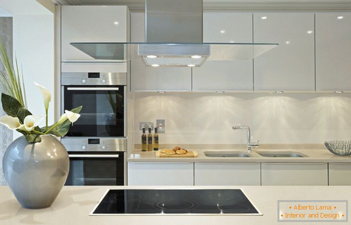 Гланцираните повърхности могат да се използват за декориране на кухнята в стил Арт Нуво. Проектният проект е интересна смела комбинация от сиво и бяло, което не е характерно за модерния стил.
