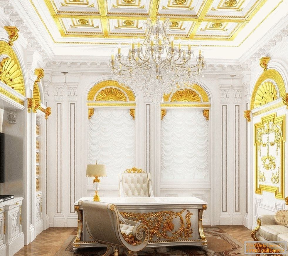 Кабинет с бял интериор и златен декор