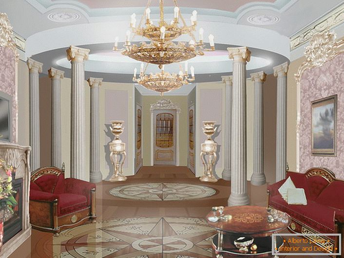 Масивни масивни дървени мебели с буйна тапицерия и малка масичка за кафе в тонно обзаведена стая за гости в бароков стил.