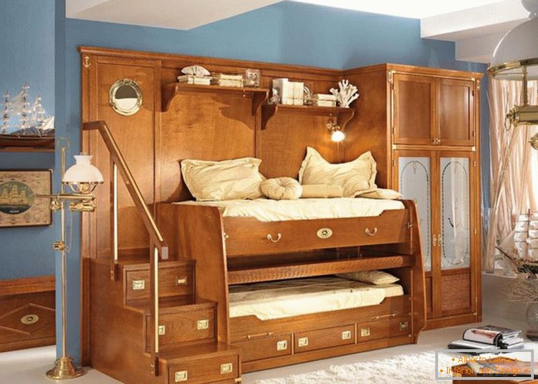 страхотни-деца-момче двустаен-мебели-дизайн-показване-уникален-кафяв дъб-легло на два етажа-с-комбиниран-висок гардероб-и-няколко-чекмеджета плюс неръждаема стомана парапет-стълби