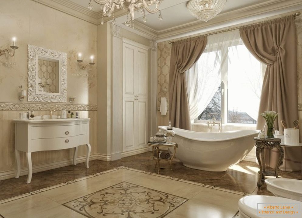 Прозорец с завеси в банята в класически стил