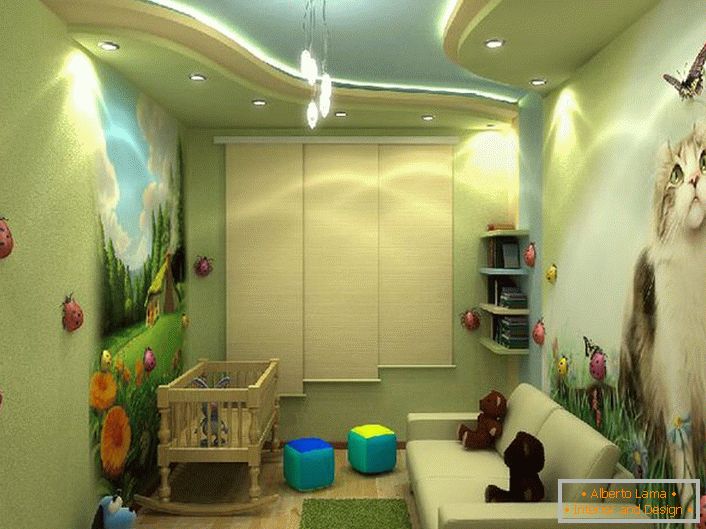 Светлият дизайн на детска стая с цветни рисунки като момче и момиче. 