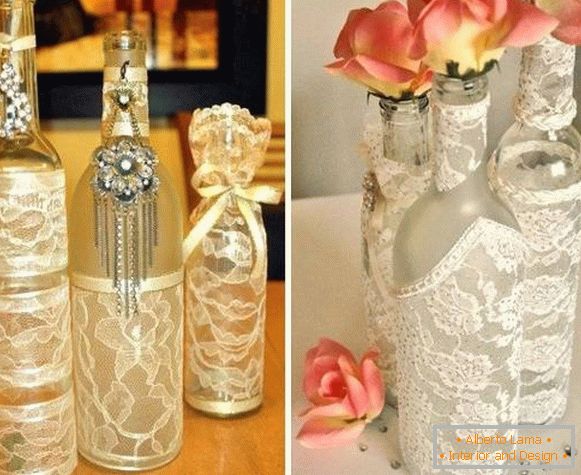 Как да направите красива ваза от бутилка и дантела