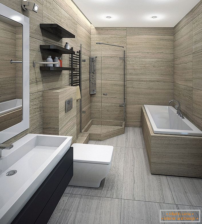Просторна минималистична баня е подходяща както за любителите на душ, така и за тези, които предпочитат да се къпят.